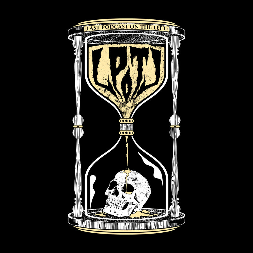 black shirt with LPOTL hourglass skull graphic