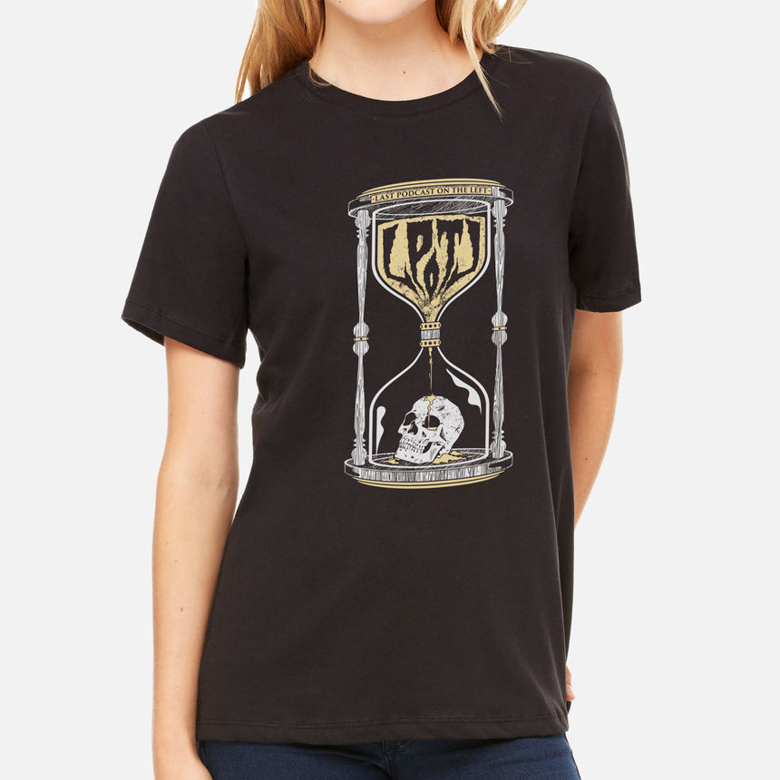 Black womens shirt featuring graphic of LPOTL hourglass with skull