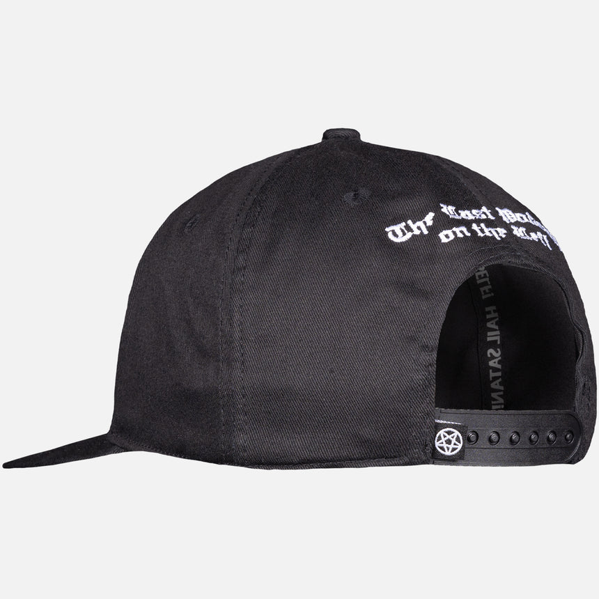 black hat with black and white patch on front with skull and wings and Hail Yourself text