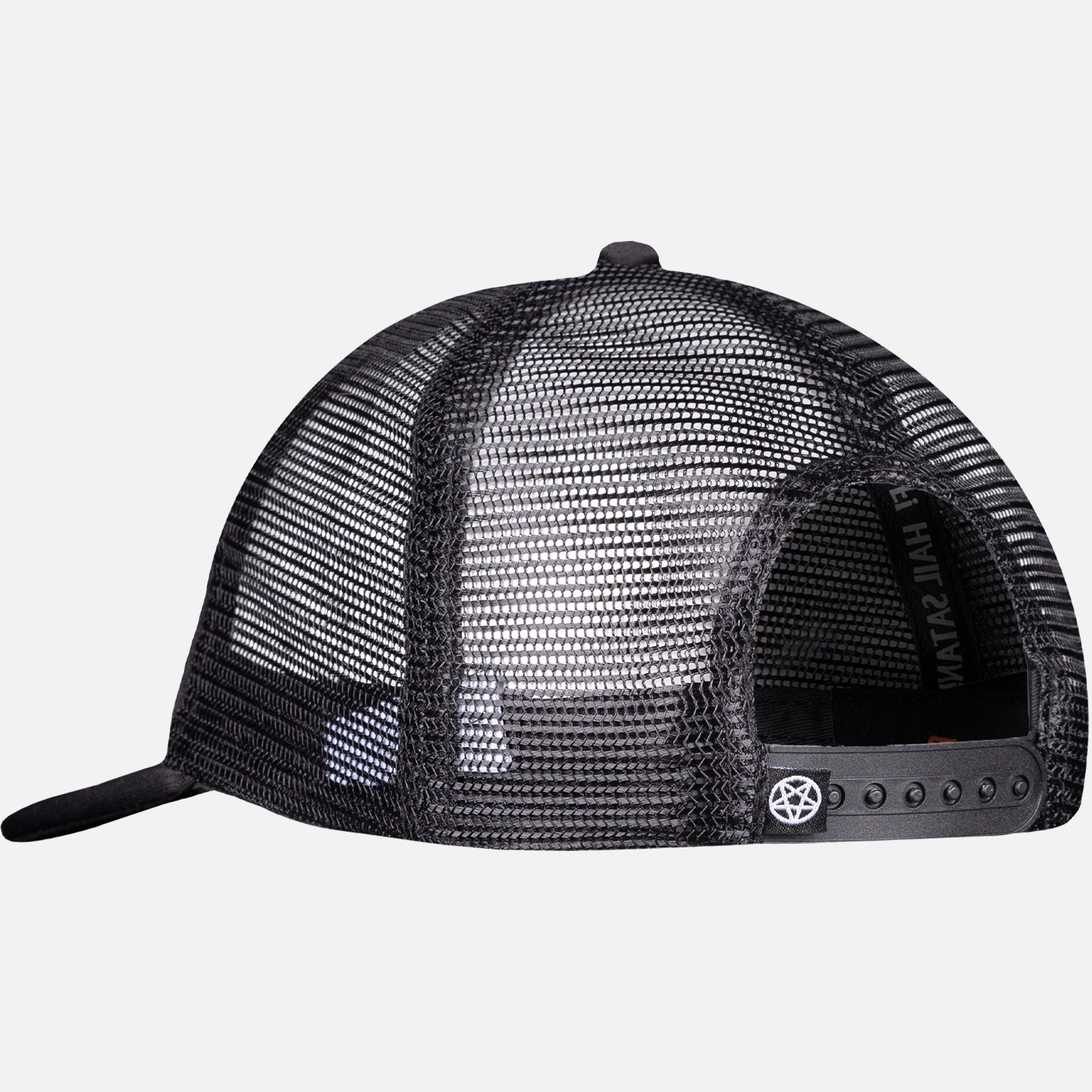 back of black meshback snapback with pentagram woven label