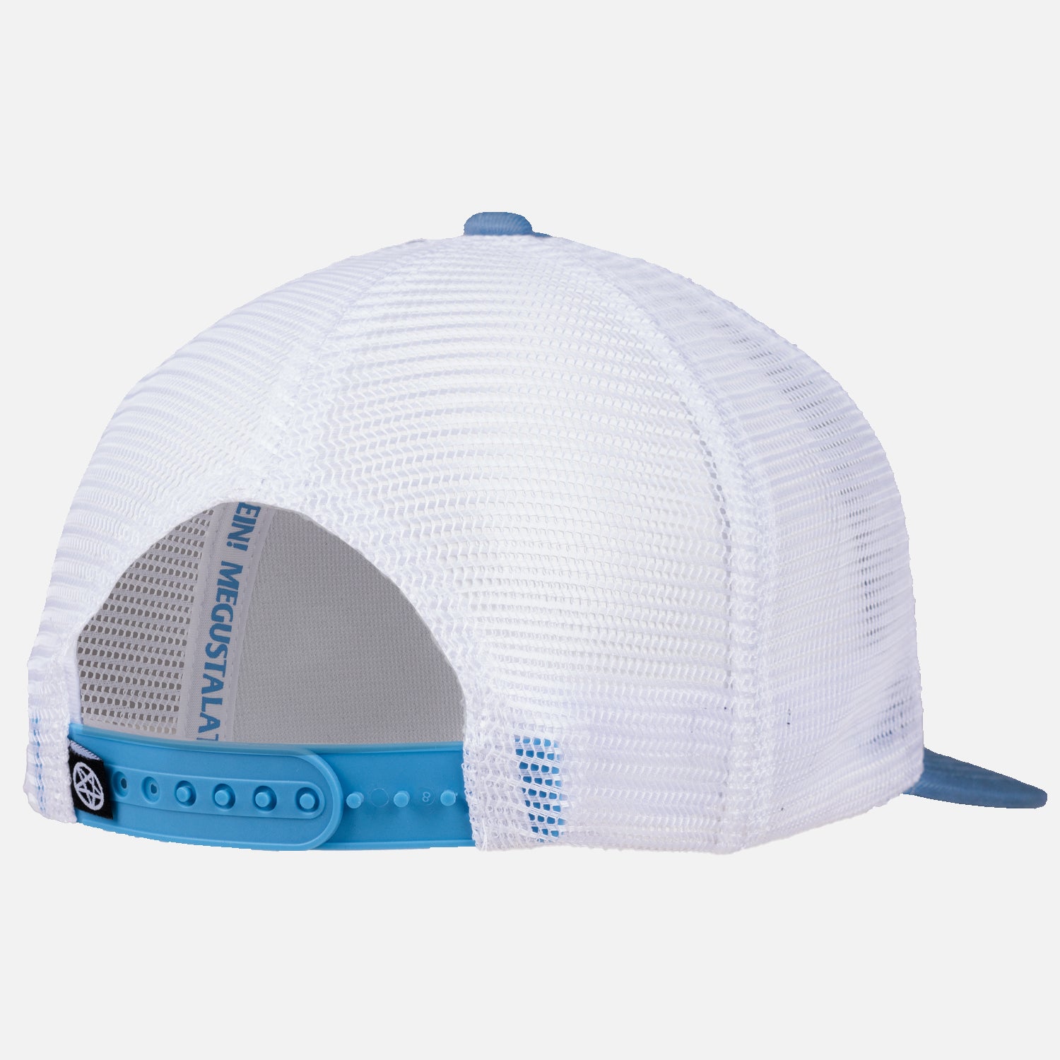 back of slate and white meshback snapback hat with pentagram woven label