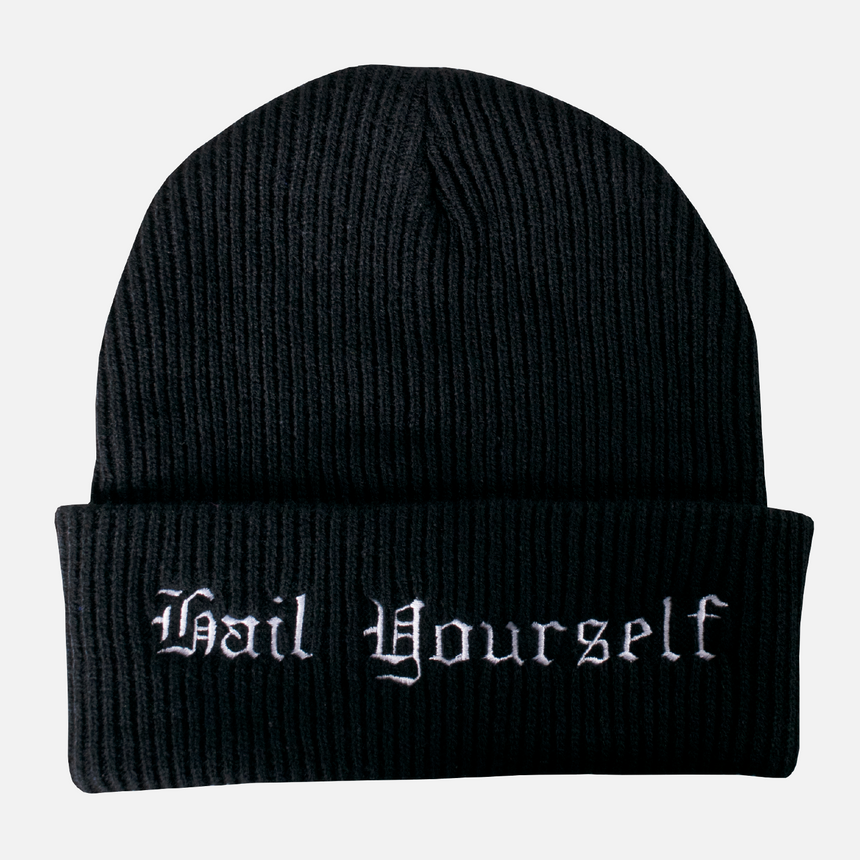 black beanie with hail yourself in white
