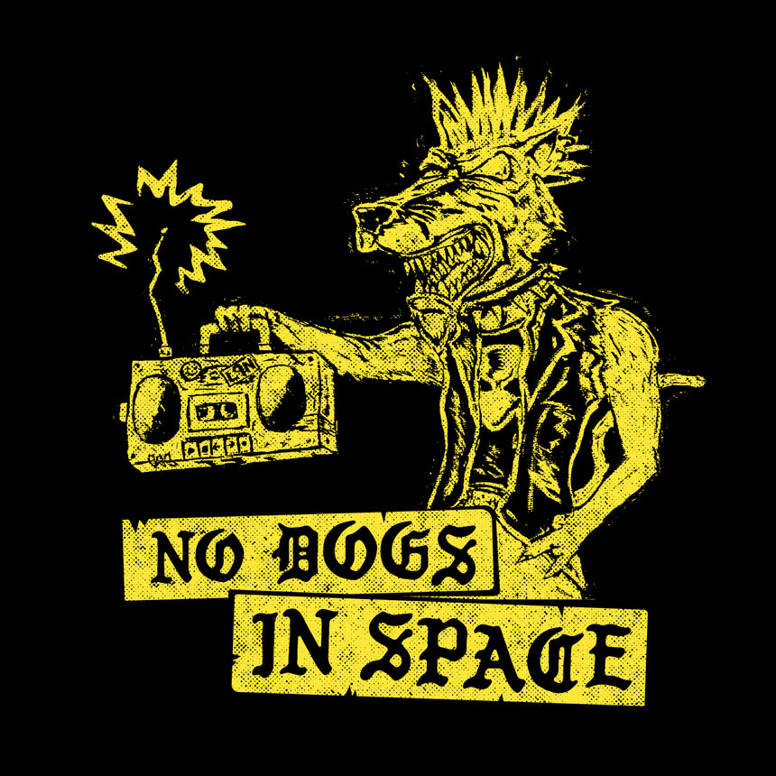 Man in black shirt with yellow rabid dog graphic with text NO DOGS IN SPACE