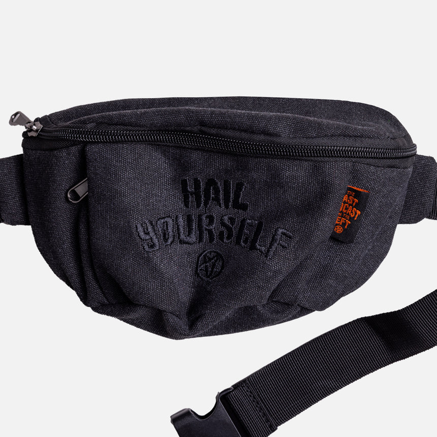 Front of black fanny pack with HAIL YOURSELF text and pentagram embroidered on front