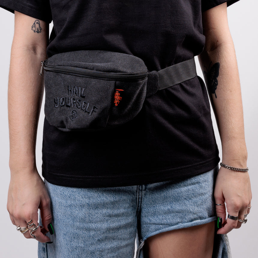 Front of black fanny pack with HAIL YOURSELF text and pentagram embroidered on front