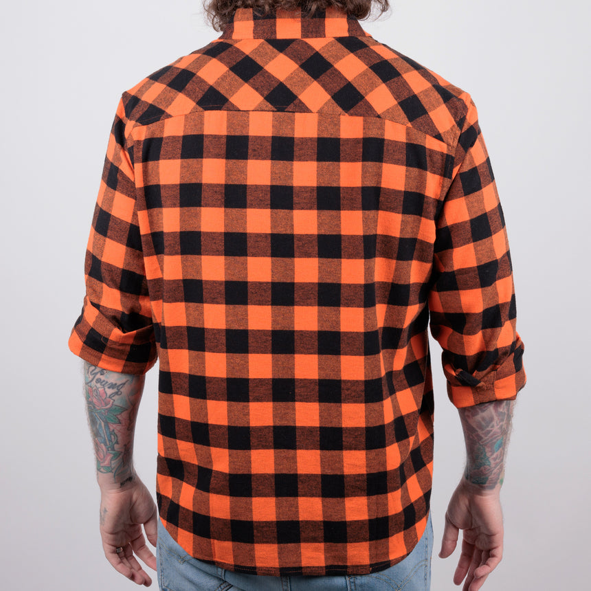Man in orange/black flannel buttondown