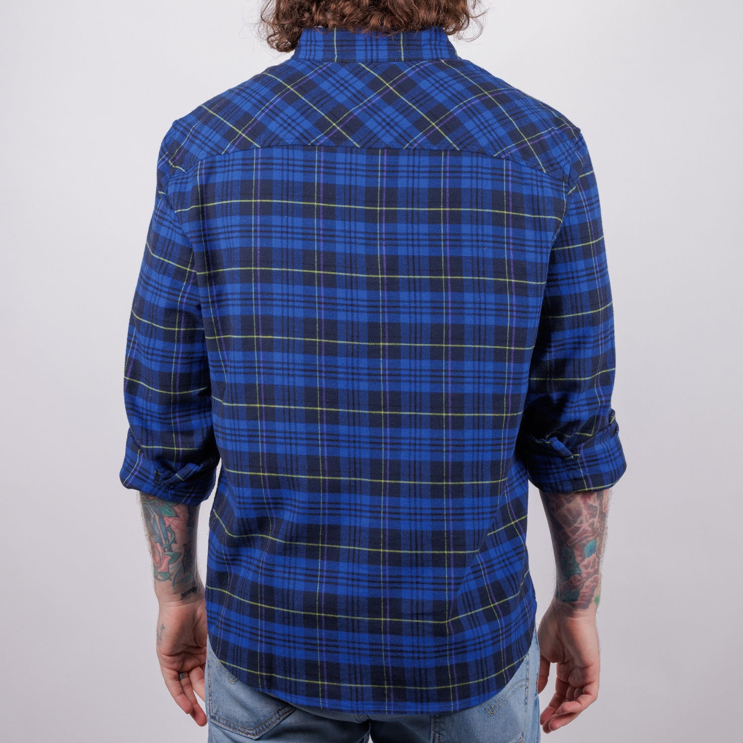back of man in blue plaid flannel buttondown