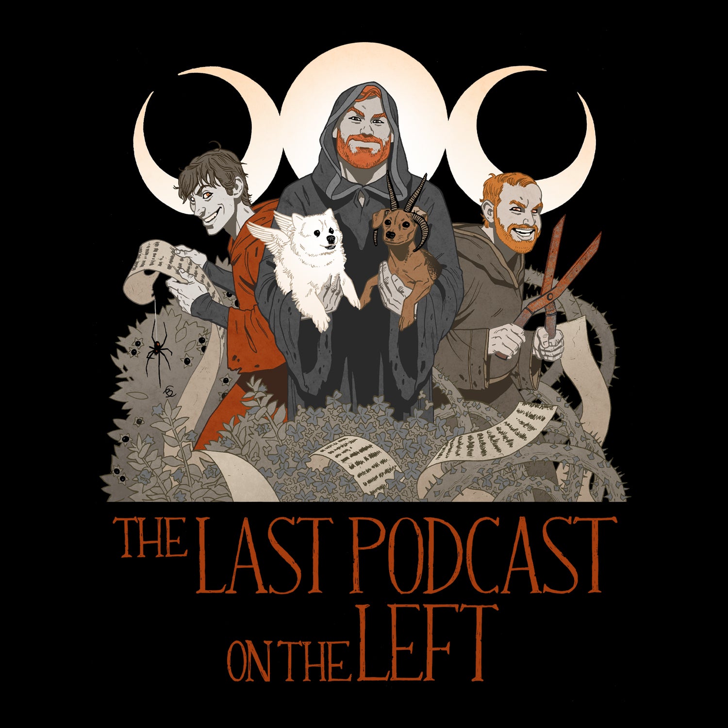 close up of graphic featuring the last podcast on the left text and illustration of the hosts