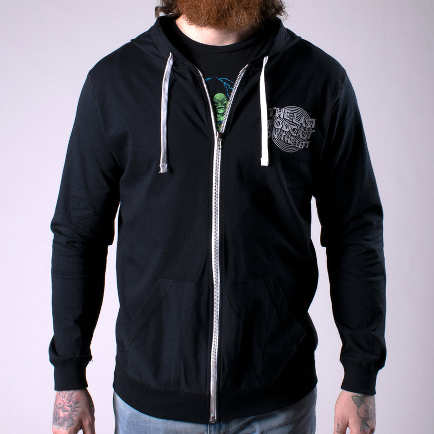 man in black hoodie with white the last podcast on the left spiral graphic on left chest