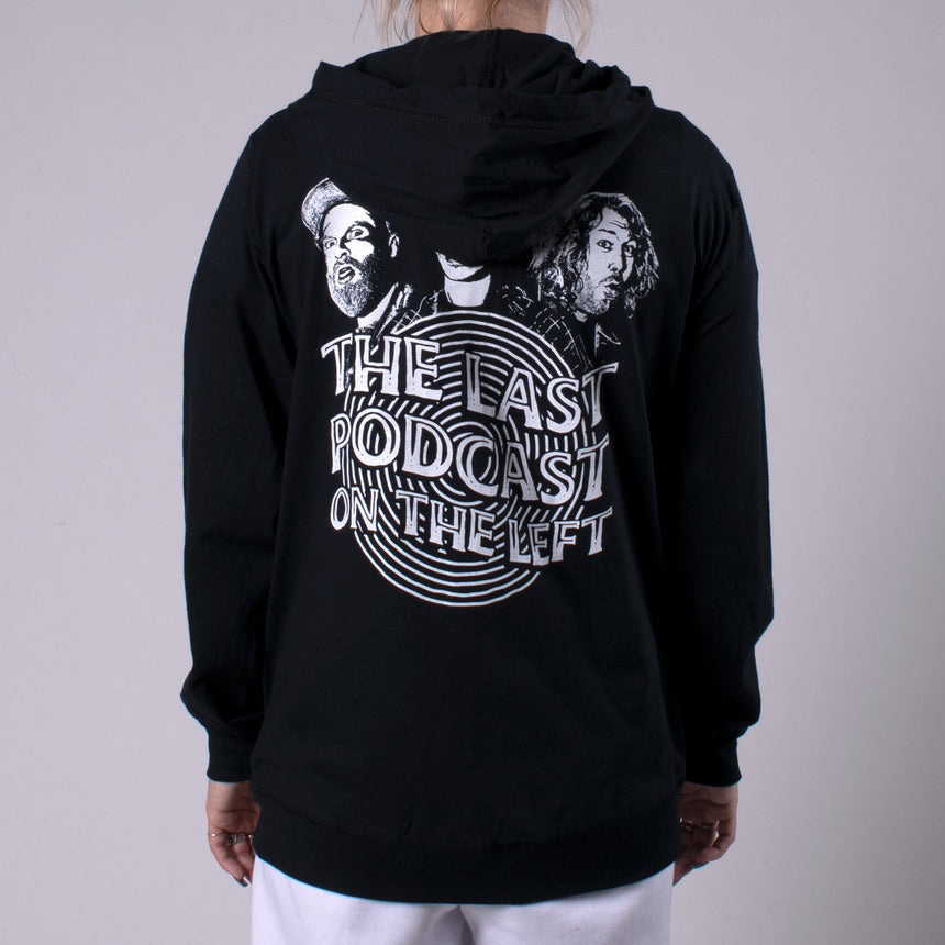 man in black hoodie with white the last podcast on the left spiral graphic on left chest