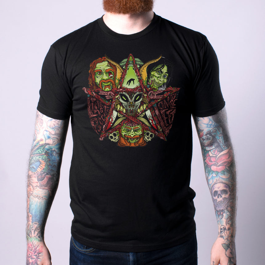 Heavy Metal tee with psychedelic graphic of the hosts and text "LAST PODCAST ON THE LEFT"