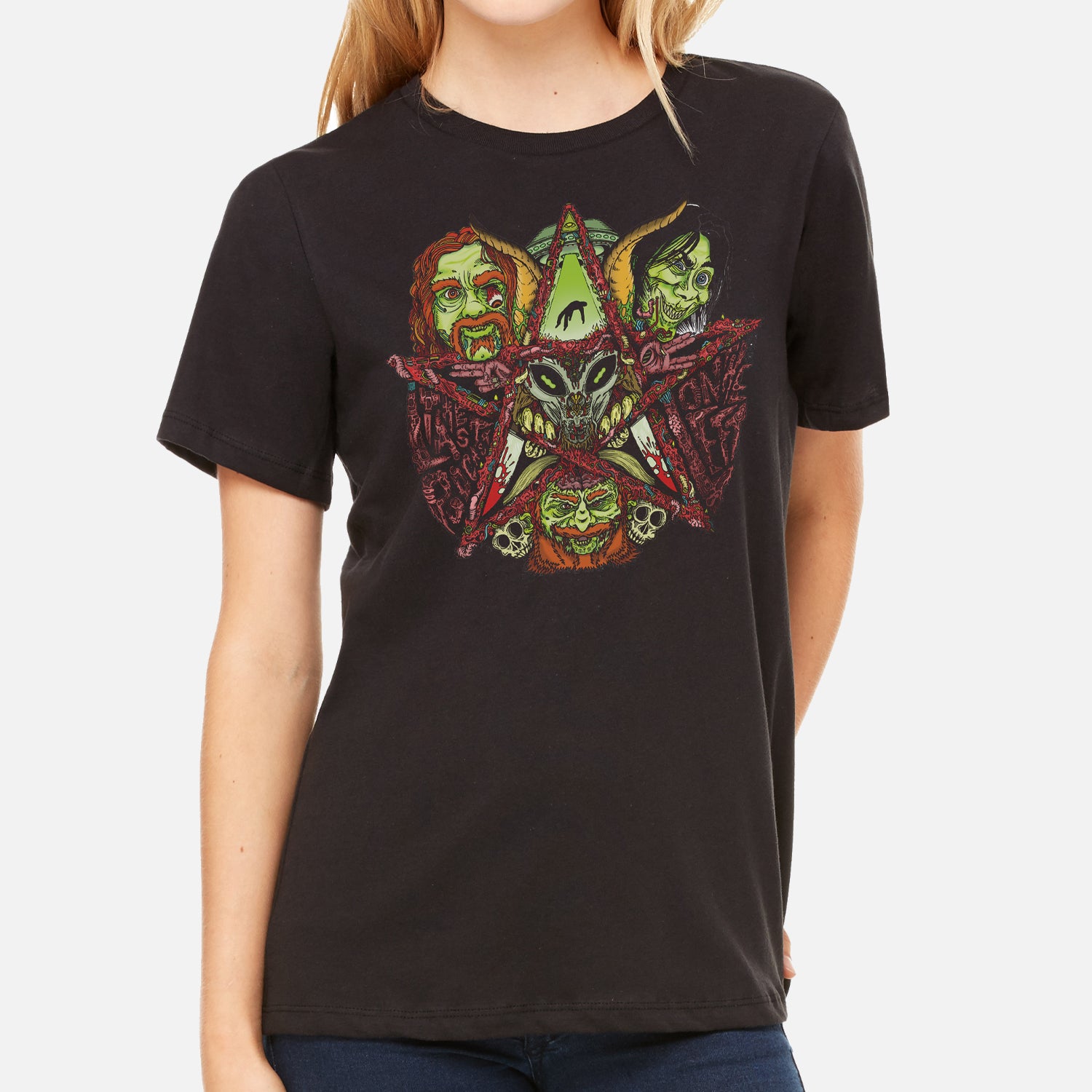 female model posing with biomechanical shirt in black. star design with last podcast on the left team in green
