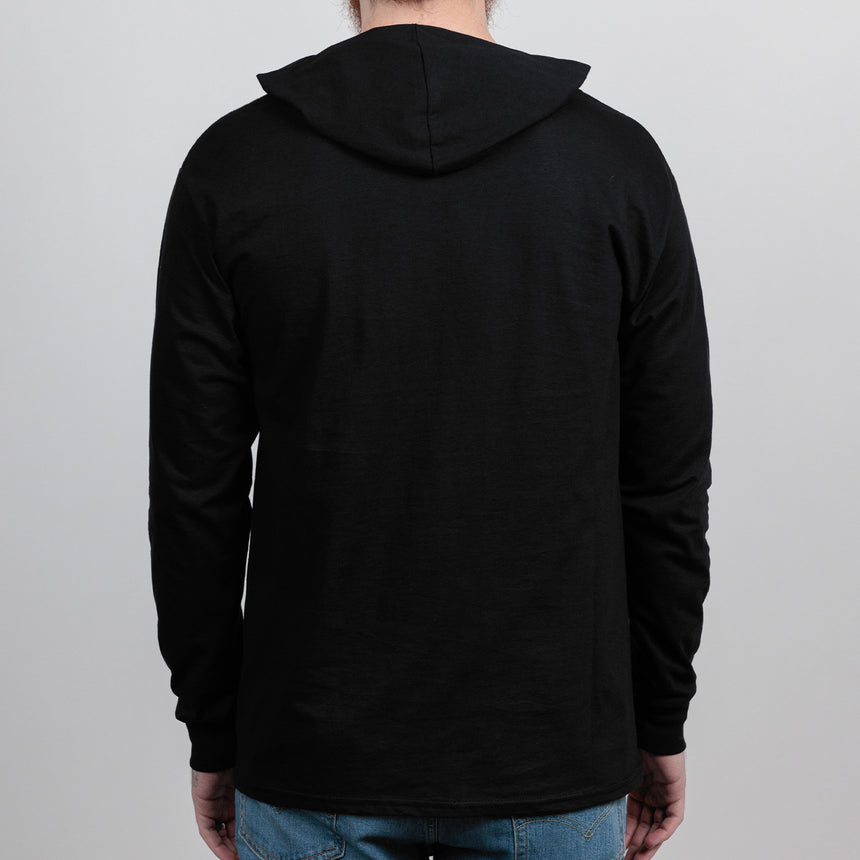 Man in black t-shirt hoodie with Classic LPOTL logo graphic on front