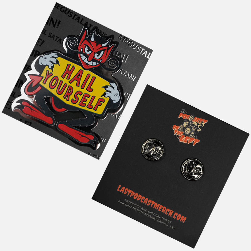 LPOTL devil boy enamel pin with devil holding sign with text "HAIL YOURSELF"