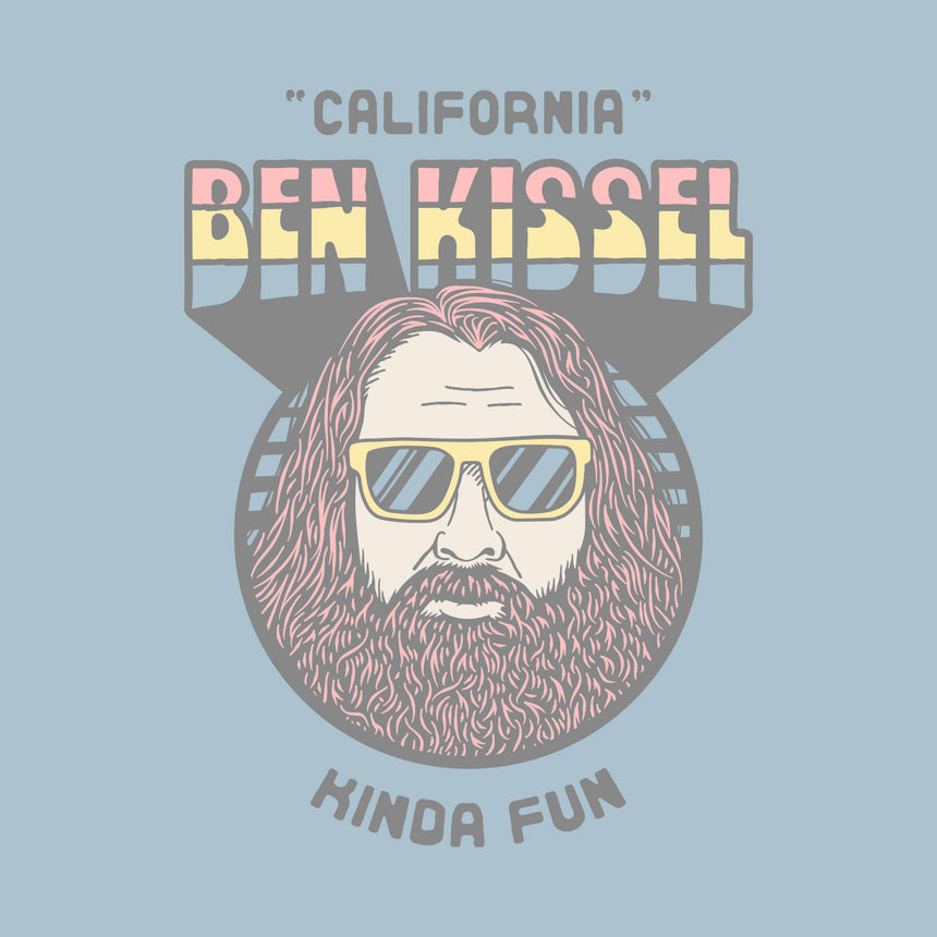 Man in stonewash denim shirt with graphic of Ben Kissel, surrounded by text ""CALIFORNIA" BEN KISSEL KINDA FUN"