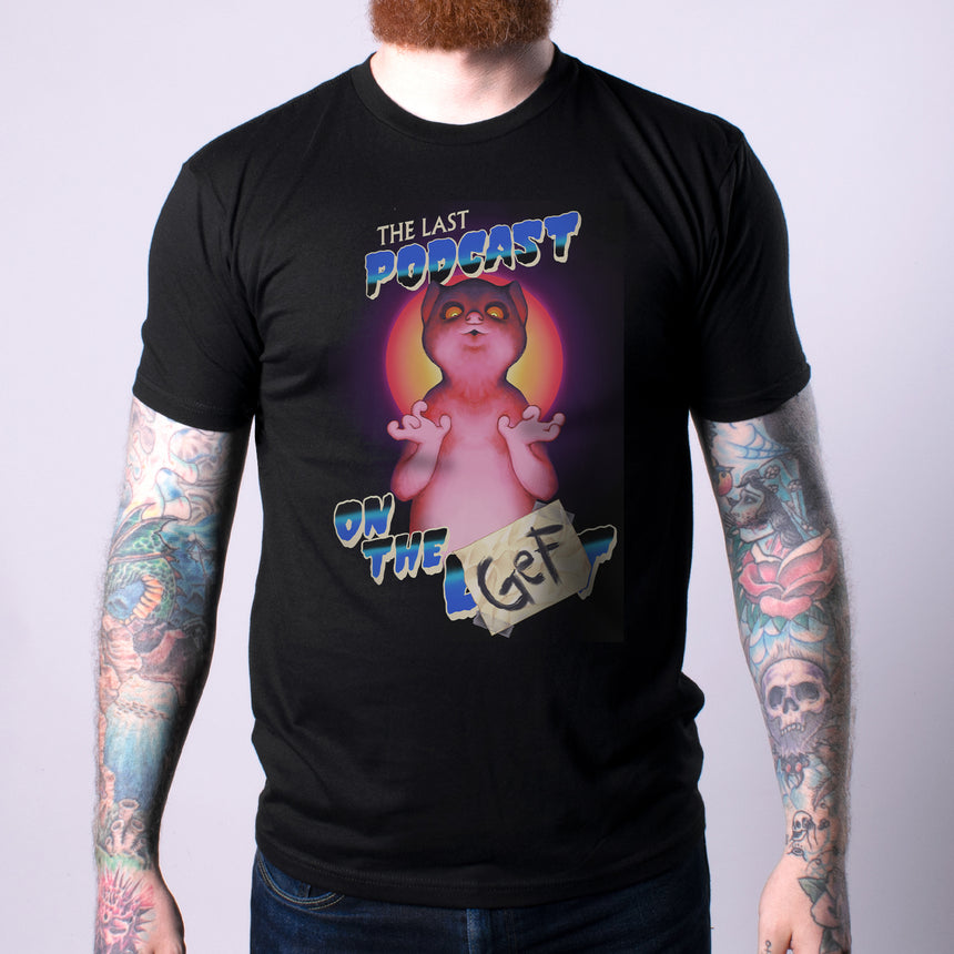 Man in shirt with pink graphic and blue text the last podcast on the gef