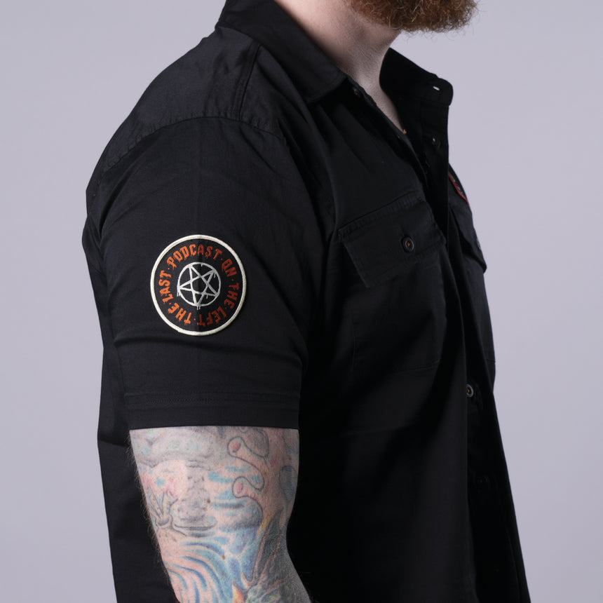 Men's Garage Buttondown, with hail satan patch on chest and pentagram patch on right sleeve