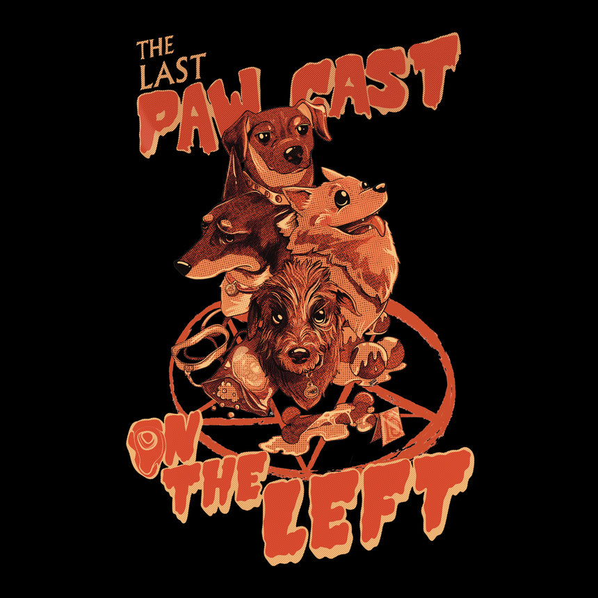 Man in black shirt with orange graphic featuring dogs and pentagram with text "THE LAST PAW CAST ON THE LEFT"