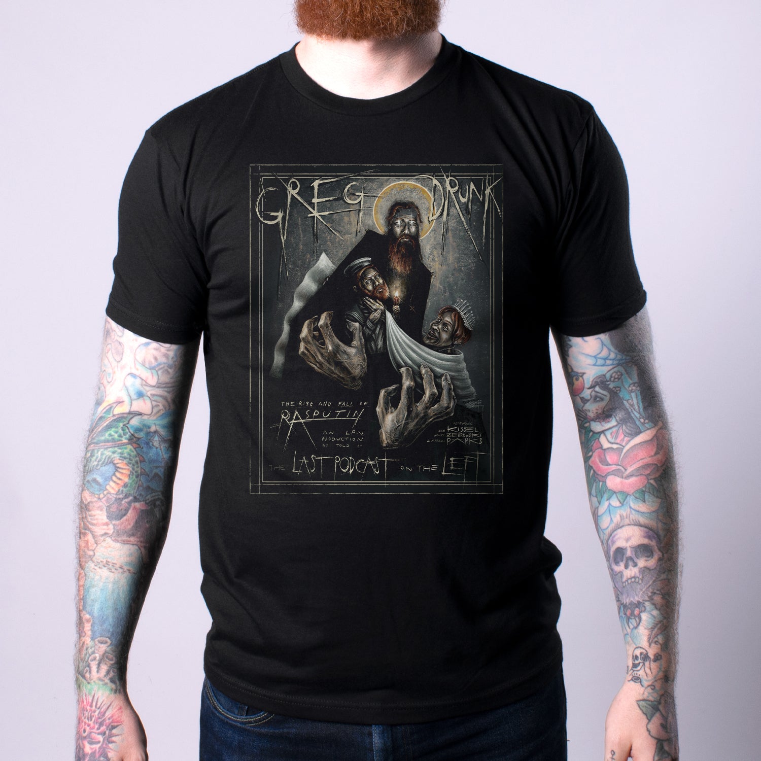 Greg Drunk Men's Tee featuring graphic on black shirt