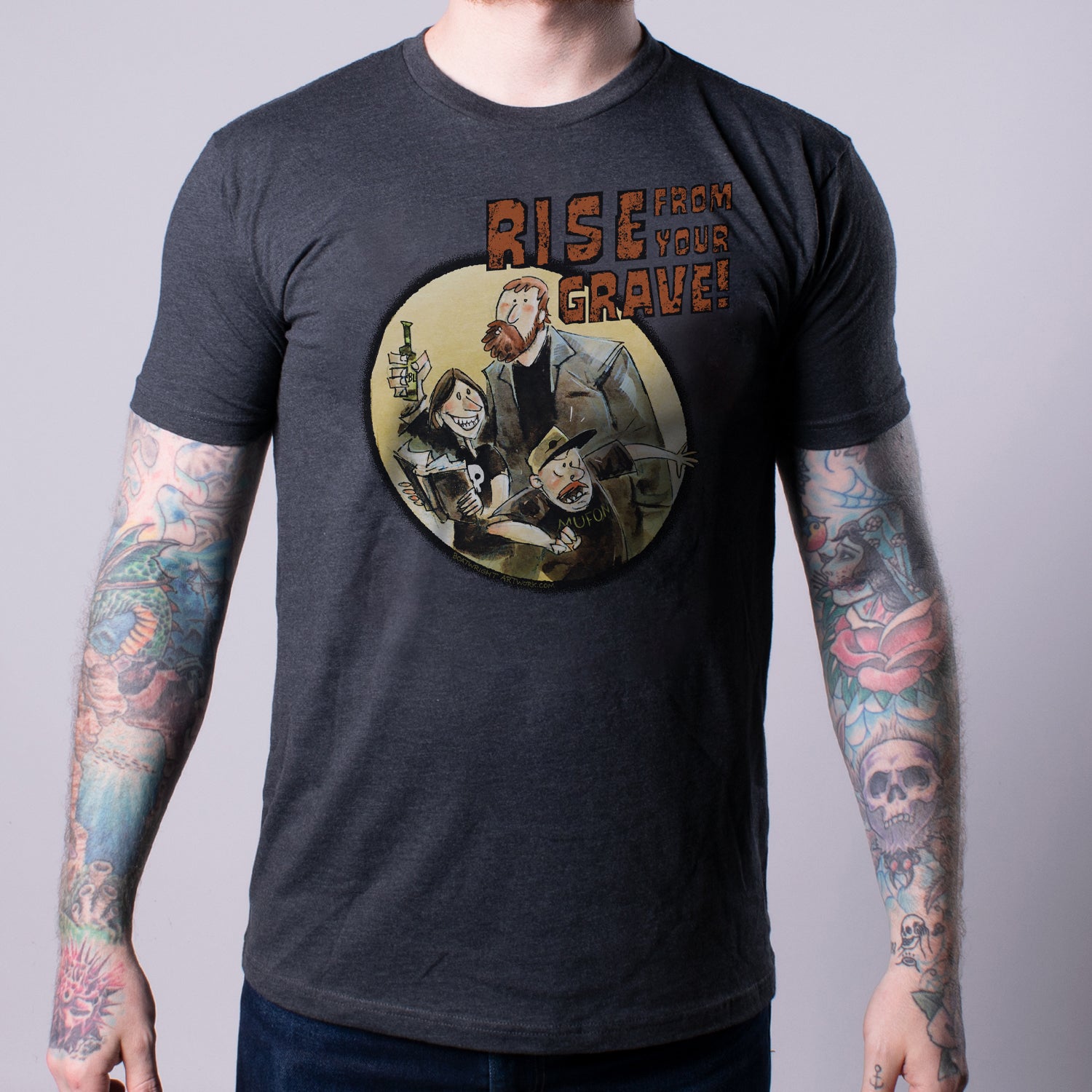 Man in charcoal shirt with rise from your grave text graphic showing the hosts