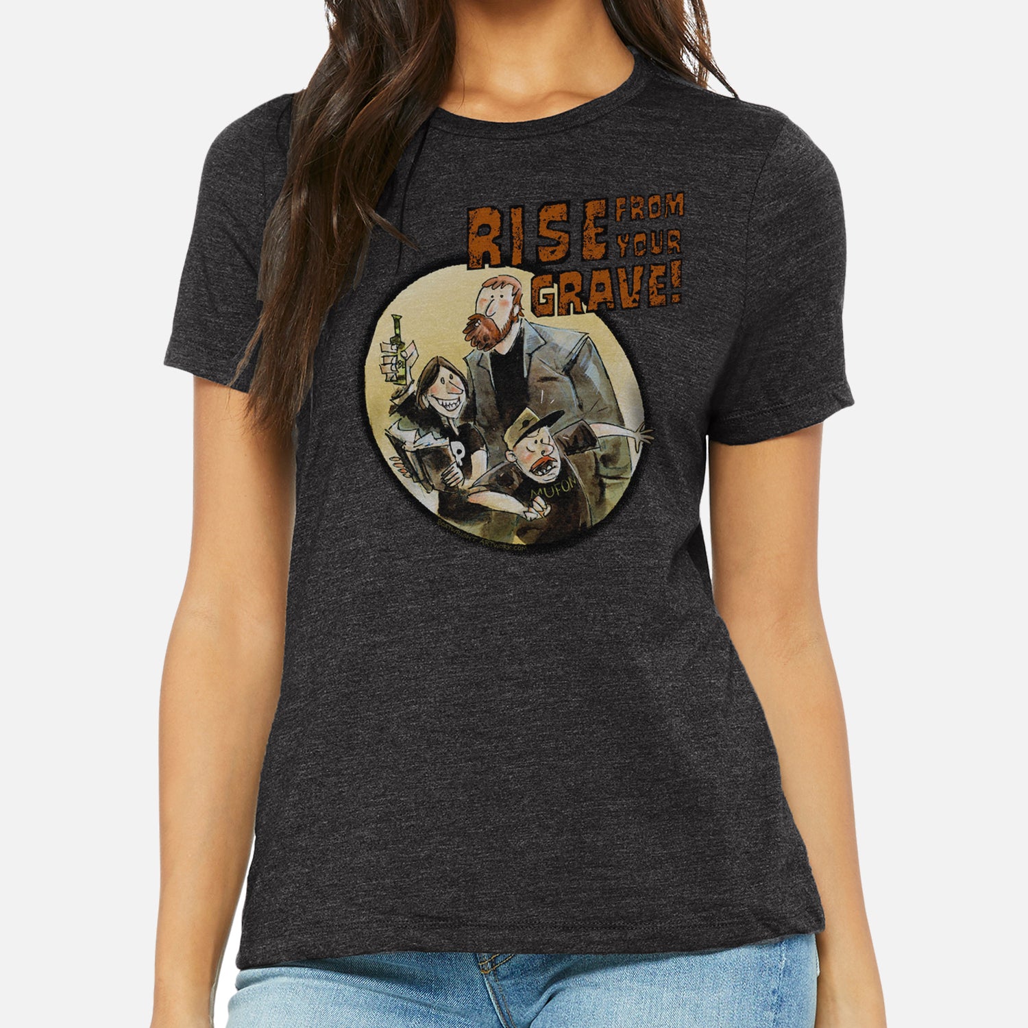 Woman in Dark grey heather shirt with rise from your grave text graphic showing the hosts