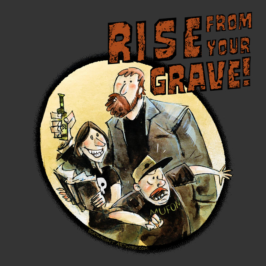 Woman in Dark grey heather shirt with rise from your grave text graphic showing the hosts