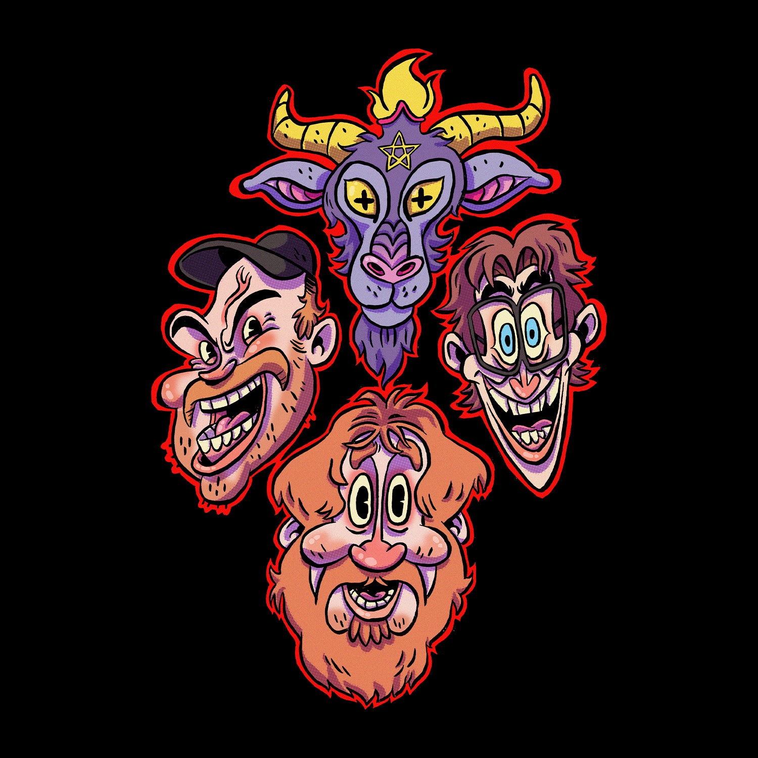 Closeup of graphic of the 3 hosts faces and goats head