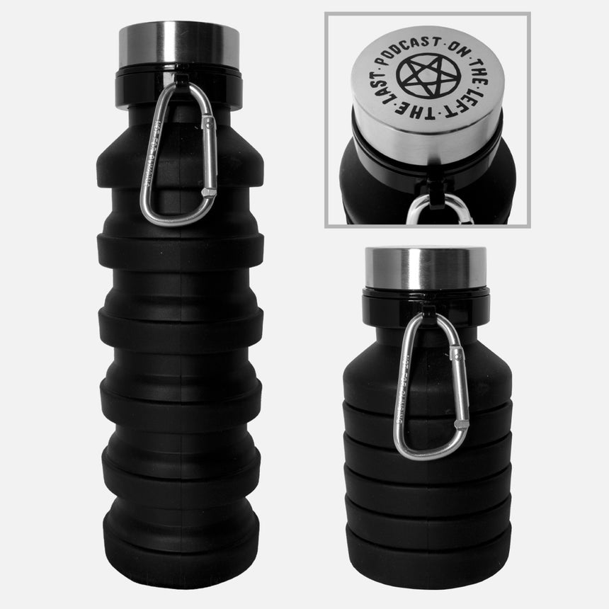 photo of pentagram collapsible bottle in black. photo shows both extended and collapsed large pentagram logo on top 